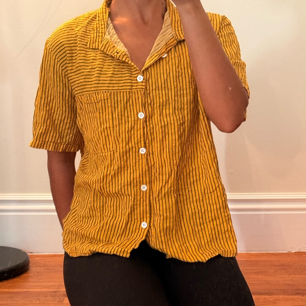 Vintage Mustard Yellow Striped Button-Front Women's Top